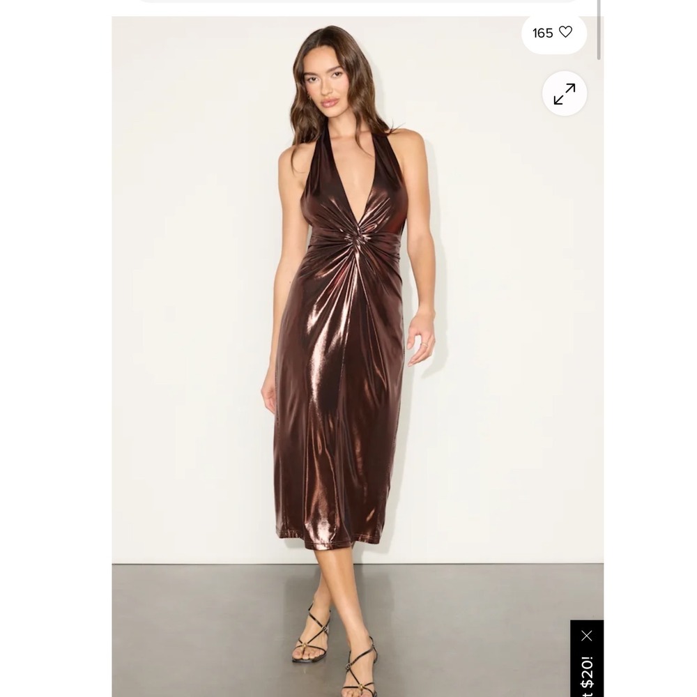 Lulus Lionette Dark Bronze Metallic Twist-Front Halter Midi Dress Size M